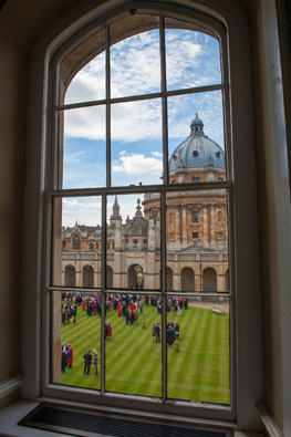 View from window of Radcliffe Camera across lawn