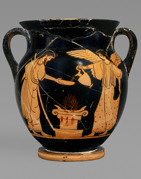 AN1924.3 Attributed to the Berlin Painter, Athenian red-figure amphora (storage jar); Zeus and the winged goddess of victory Nike pour a libation on a flaming alter, 525 – 475 BC. Image © Ashmolean Museum, University of Oxford. AN1924.3 Attributed to the Berlin Painter, Athenian red-figure amphora (storage jar); Zeus and the winged goddess of victory Nike pour a libation on a flaming alter, 525 – 475 BC. Image © Ashmolean Museum, University of Oxford.