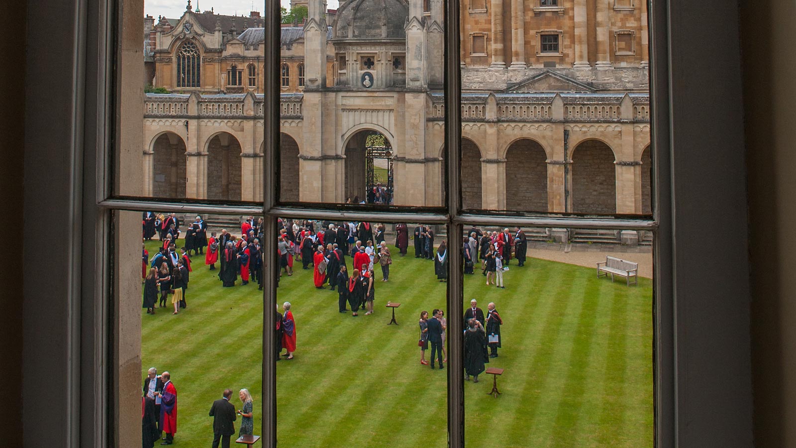 View from window of garden party by Radcliffe Camera