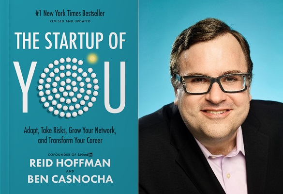 headshot of reid hoffman and book cover of the startup of you